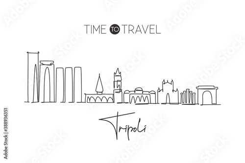 Single continuous line drawing of Tripoli city skyline  Libya. Famous city scraper and landscape home wall decor art poster print. World travel concept. Modern one line draw design vector illustration