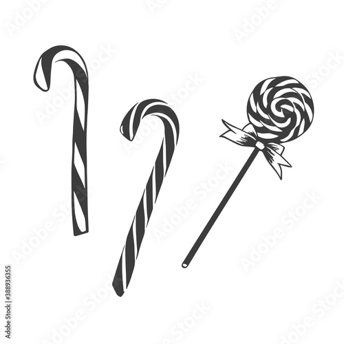 Candy sketch illustration. Hand drawn sweet food. Christmas candy cane