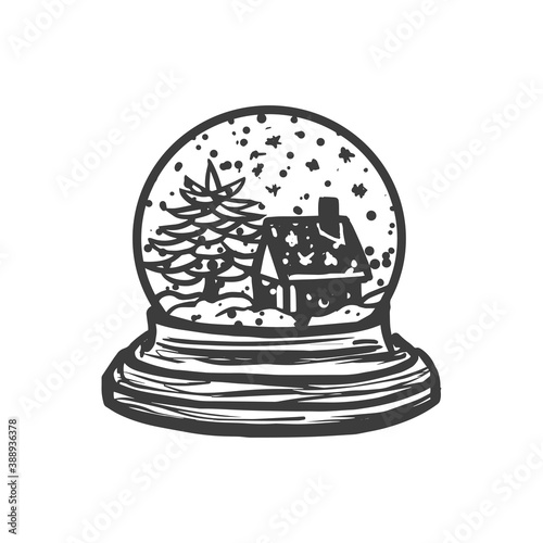 Sketch vector illustration of Christmas snow globe with a house and fir tree.