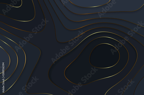 Geometric cut paper black luxury background with gold elements, topography map concept. Vector illustration