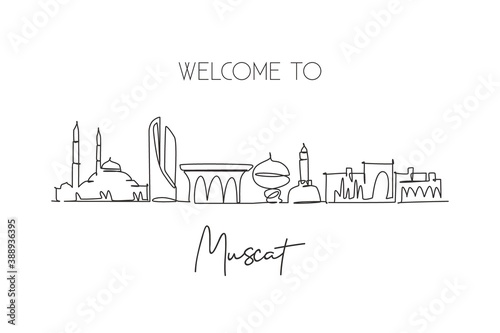 One continuous line drawing of Muscat skyline, Oman. Beautiful city landmark wall decor poster print art. World landscape tourism travel vacation. Stylish single line draw design vector illustration