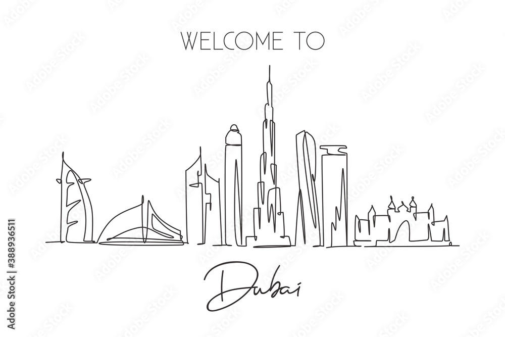 Vecteur Stock One continuous line drawing of Dubai city skyline United