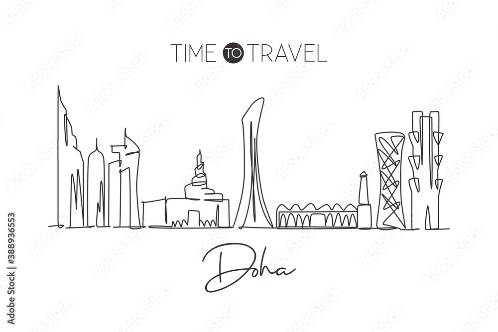 One single line drawing of Doha city skyline, Qatar. Historical town landscape in the world. Best holiday destination. Editable stroke trendy continuous line draw design vector graphic illustration