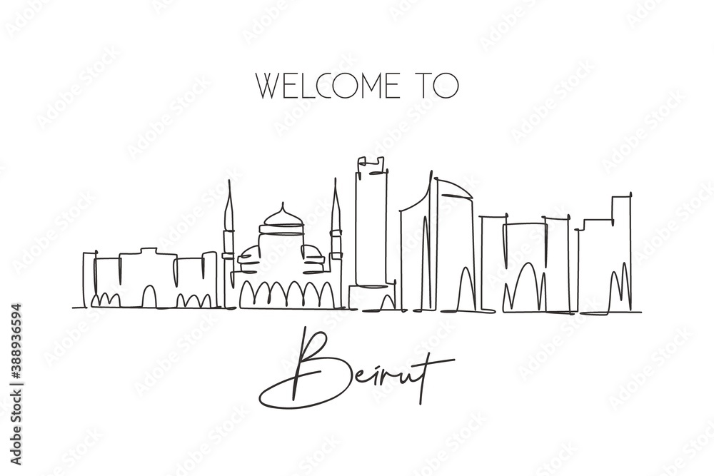 Fototapeta premium Single continuous line drawing of Beirut city skyline, Lebanon. Famous city scraper and landscape home wall decor poster print. World travel concept. Modern one line draw design vector illustration