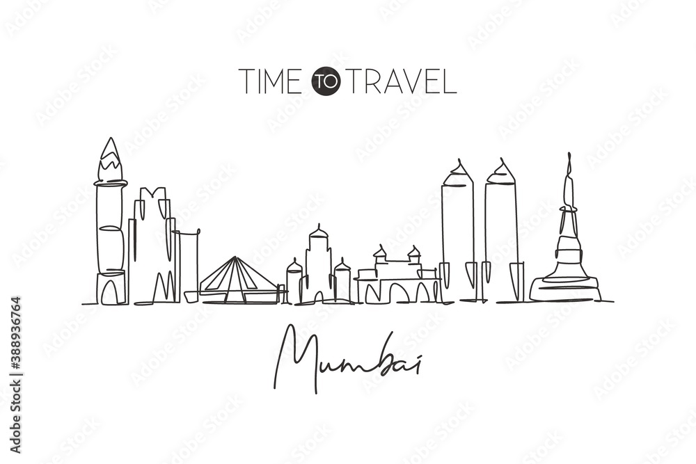 One single line drawing of Mumbai city skyline, India. Historical town landscape in the world. Best holiday destination. Editable stroke trendy continuous line draw design vector graphic illustration