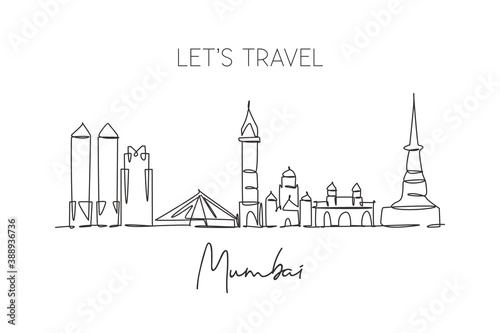 Single continuous line drawing of Mumbai city skyline, India. Famous city scraper and landscape postcard. World travel concept. Editable stroke modern one line draw design graphic vector illustration