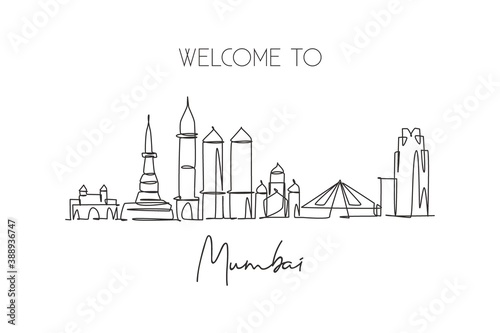 One continuous line drawing Mumbai city skyline, India. Beautiful city landmark home decor wall art poster print. World landscape tourism travel vacation. Single line draw design vector illustration