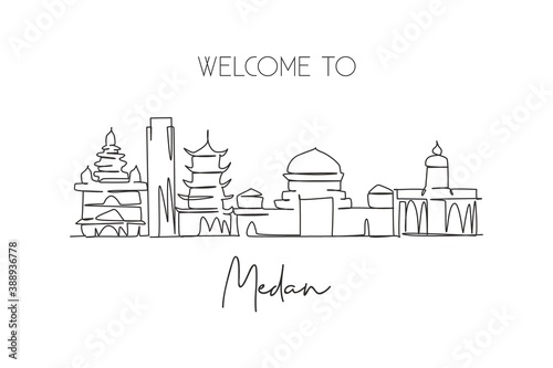 Single continuous line drawing of Medan city skyline, Indonesia. Famous city scraper and landscape postcard print. World travel concept. Editable stroke modern one line draw design vector illustration photo