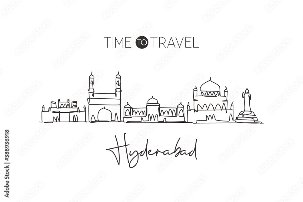 One single line drawingHyderabad city skyline, India. Historical town landscape in the world. Best holiday destination. Editable stroke trendy continuous line draw design graphic vector illustration