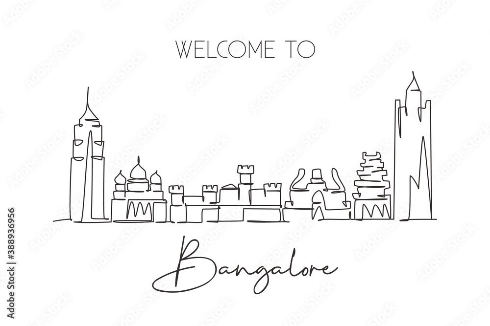 Single continuous line drawing Bangalore city skyline, India. Famous city scraper and landscape home decor wall art poster print. World travel concept. Modern one line draw design vector illustration