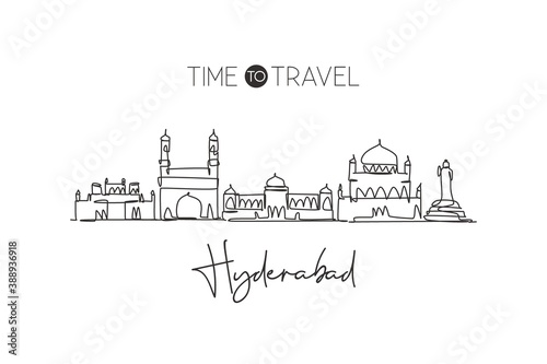 One single line drawingHyderabad city skyline, India. Historical town landscape in the world. Best holiday destination. Editable stroke trendy continuous line draw design graphic vector illustration