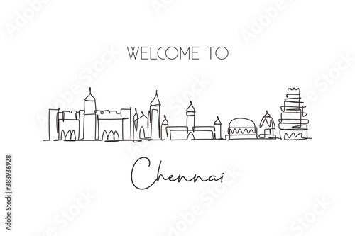 Single continuous line drawing of Chennai city skyline, India. Famous city scraper and landscape home decor wall art poster print. World travel concept. Modern one line draw design vector illustration