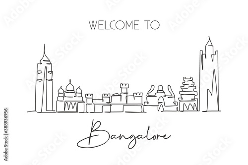 Single continuous line drawing Bangalore city skyline, India. Famous city scraper and landscape home decor wall art poster print. World travel concept. Modern one line draw design vector illustration