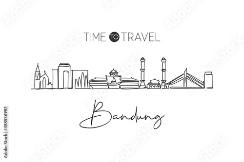 One single line drawing of Bandung city skyline  India. Historical town landscape home decor wall art poster print. Best holiday destination. Continuous line draw design vector graphic illustration