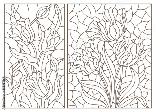 A set of contour illustrations of stained glass Windows with Tulips in frames, dark contours on a white background, rectangular images