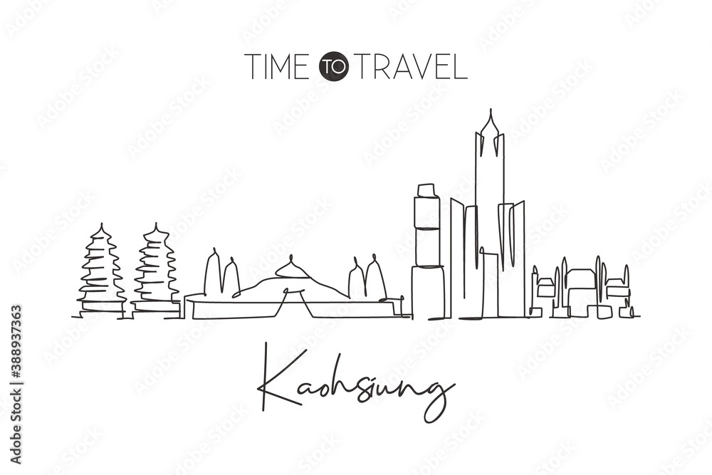Single continuous line drawing of Kaohsiung city skyline, Taiwan. Famous city scraper landscape home wall decor art poster print. World travel concept. Modern one line draw design vector illustration