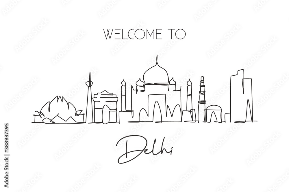 One single line drawing of Delhi city skyline, India. Historical town landscape in the world. Best holiday destination. Editable stroke trendy continuous line draw design vector graphic illustration
