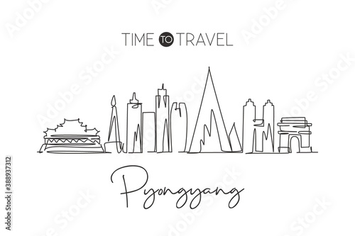 One continuous line drawing of Pyongyang city skyline  North Korea. Beautiful landmark. World landscape tourism and travel vacation. Editable stylish stroke single line draw design vector illustration