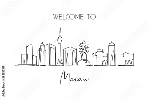 One single line drawing of Macau city skyline  China. Historical town landscape in the world. Best holiday destination. Editable stroke trendy continuous line draw design graphic vector illustration