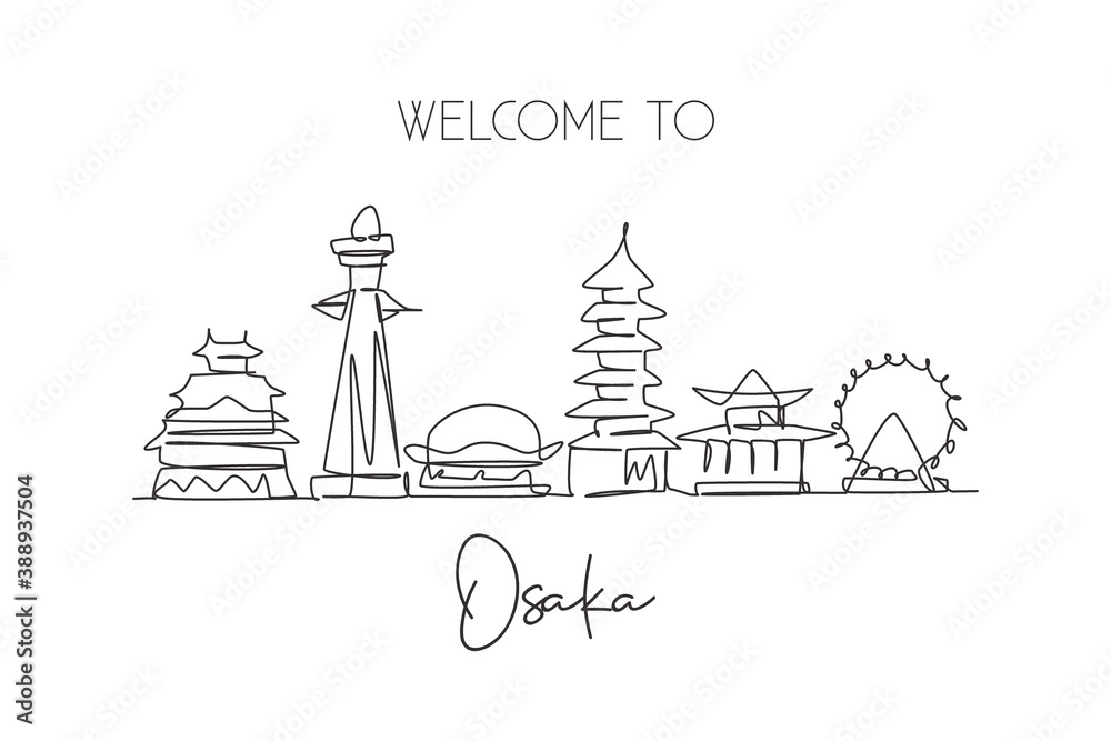 Naklejka premium One continuous line drawing of Osaka city skyline, Japan. Beautiful landmark. World landscape tourism and travel vacation poster. Editable stylish stroke single line draw design vector illustration