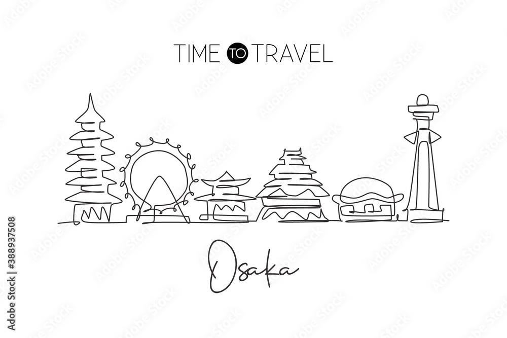 Fototapeta premium One single line drawing of Osaka city skyline, Japan. Historical town landscape. Best holiday destination home decor wall art poster print. Trendy continuous line draw design vector illustration