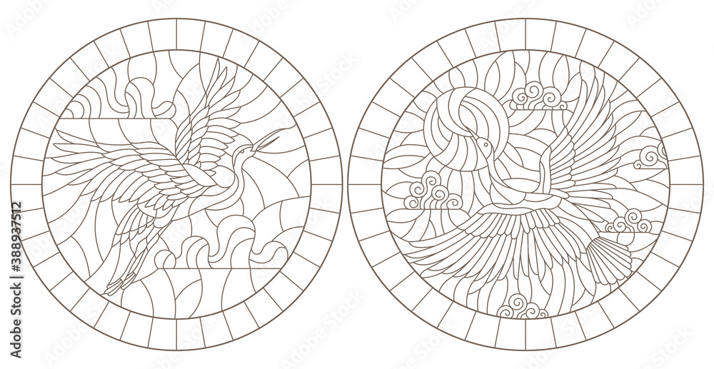 Set of contour illustrations of stained glass Windows with swans against the sky, dark outlines on a white background, oval images