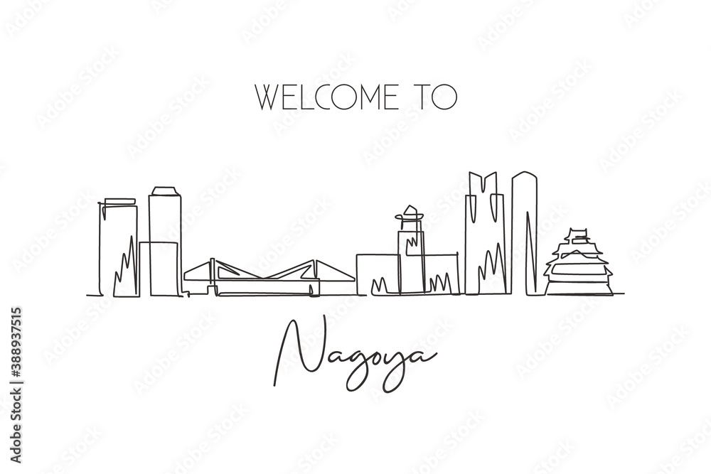 One single line drawing of Nagoya city skyline, Japan. Historical town landscape in the world. Best holiday destination poster. Editable stroke trendy continuous line draw design vector illustration