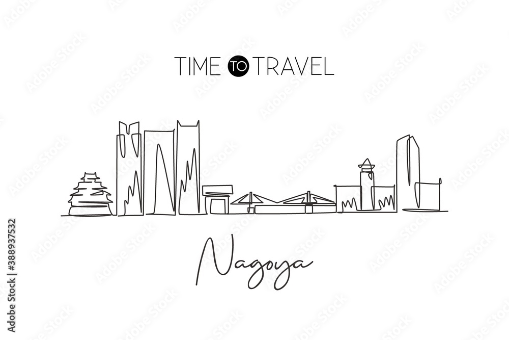 Single continuous line drawing of Nagoya city skyline, Japan. Famous city scraper and landscape. World travel concept home decor wall art poster print. Modern one line draw design vector illustration Single continuous line drawing of Nagoya city skyline, Japan. Famous city scraper and landscape. World travel concept home decor wall art poster print. Modern one line draw design vector illustration