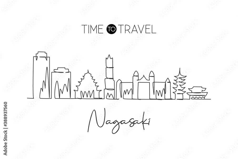 One single line drawing of Nagasaki city skyline, Japan. Historical town landscape in the world. Best holiday destination poster. Editable stroke trendy continuous line draw design vector illustration