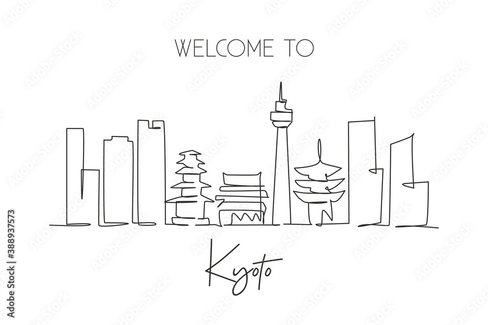 Single continuous line drawing of Kyoto city skyline, Japan. Famous city scraper and landscape. World travel concept home decor wall art poster print. Modern one line draw design vector illustration
