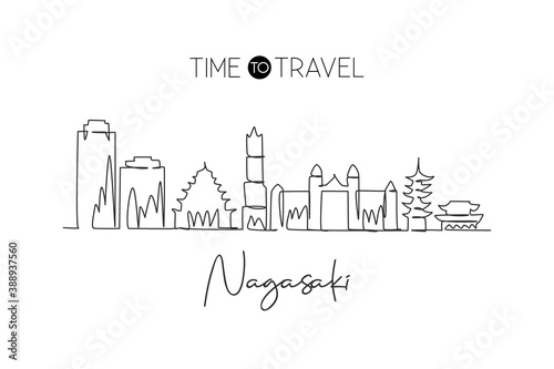 One single line drawing of Nagasaki city skyline, Japan. Historical town landscape in the world. Best holiday destination poster. Editable stroke trendy continuous line draw design vector illustration