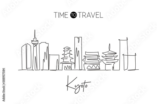 One continuous line drawing Kyoto city skyline, Japan. Beautiful landmark. World landscape tourism and travel vacation poster art. Editable stylish stroke single line draw design vector illustration
