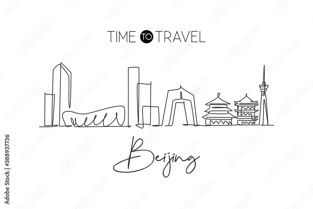 Single continuous line drawing of Beijing city skyline, China. Famous city scraper and landscape. World travel concept home decor wall art poster print. Modern one line draw design vector illustration