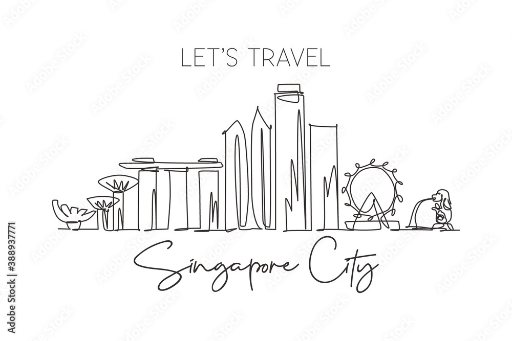 One single line drawing of Singapore city skyline. Historical town landscape in the world. Best holiday destination poster art. Editable stroke trendy continuous line draw design vector illustration