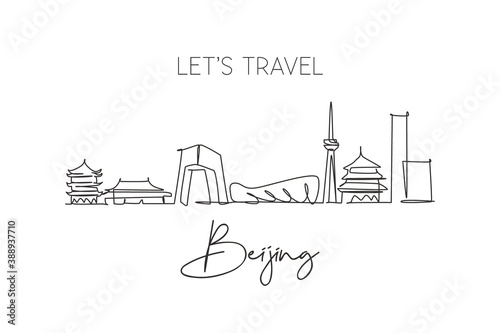 One continuous line drawing of Beijing city skyline, China. Beautiful landmark. World landscape tourism travel vacation poster art. Editable stylish stroke single line draw design vector illustration