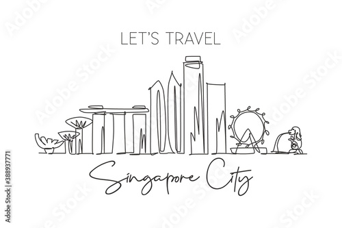 One single line drawing of Singapore city skyline. Historical town landscape in the world. Best holiday destination poster art. Editable stroke trendy continuous line draw design vector illustration