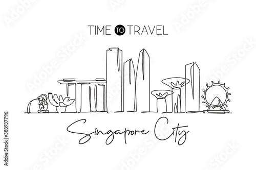 One continuous line drawing of Singapore city skyline. Beautiful landmark. World landscape tourism and travel vacation poster print. Editable stylish stroke single line draw design vector illustration