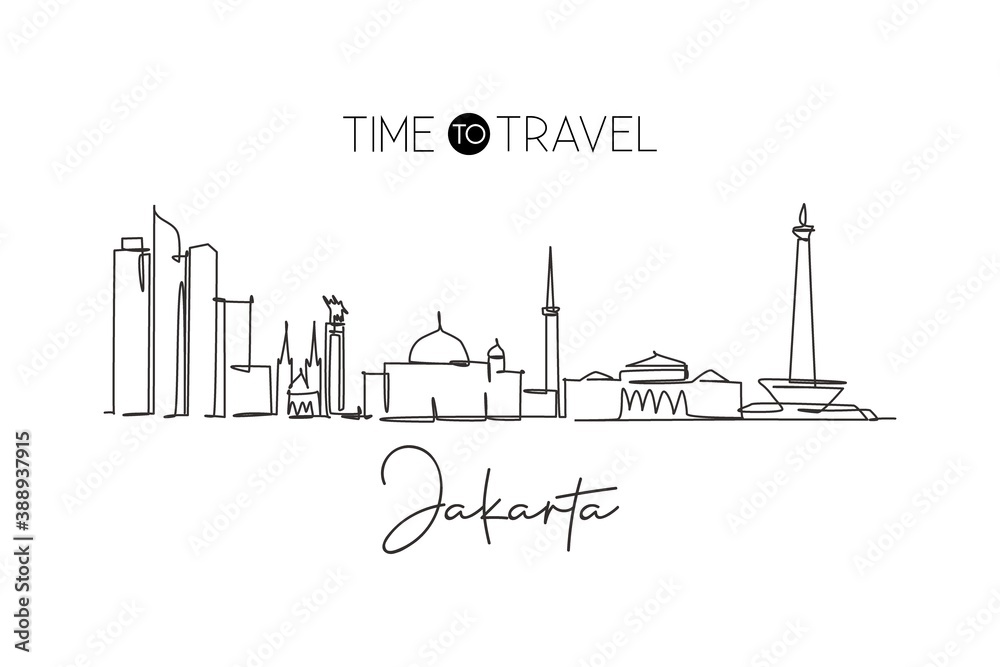One continuous line drawing of Jakarta city skyline, Indonesia. Beautiful landmark. World landscape tourism travel vacation poster. Editable stylish stroke single line draw design vector illustration