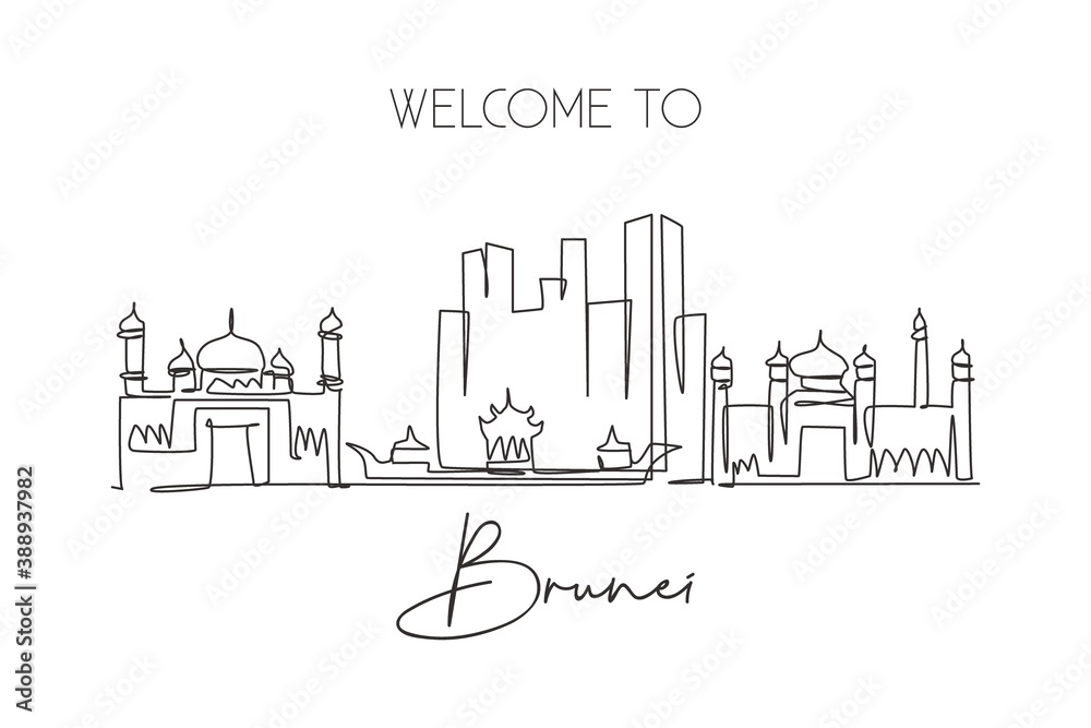 One single line drawing of Bandar Seri Begawan city skyline, Brunei Darussalam. Town landscape in the world. Best holiday destination. Editable stroke continuous line draw design vector illustration