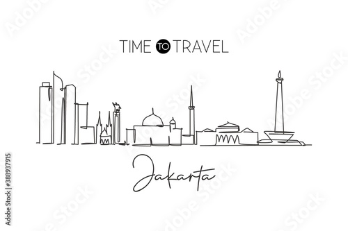 One continuous line drawing of Jakarta city skyline  Indonesia. Beautiful landmark. World landscape tourism travel vacation poster. Editable stylish stroke single line draw design vector illustration