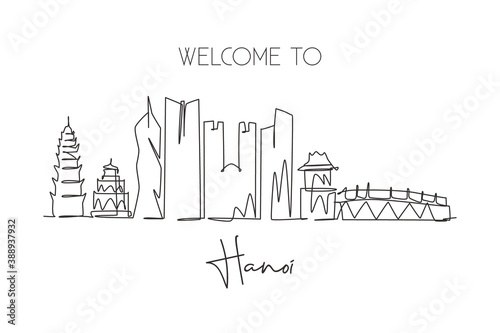 One single line drawing of Hanoi city skyline, Vietnam. Historical town landscape in the world. Best holiday destination poster. Editable stroke trendy continuous line draw design vector illustration