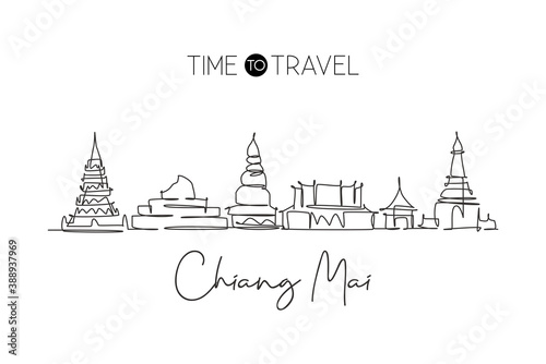 One continuous line drawing Chiang Mai city skyline, Thailand. Beautiful landmark. World landscape tourism travel vacation poster. Editable stylish stroke single line draw design vector illustration
