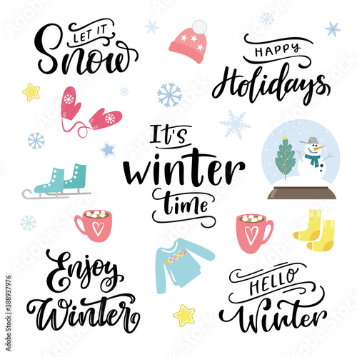 Set of vector winter inscriptions. Winter illustration and hand lettering Hello winter, for stickers, printing, textiles, stationary, t-shirt, bag.