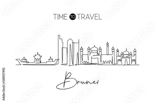 Single continuous line drawing of Bandar Seri Begawan city skyline, Brunei Darussalam. Famous city landscape. World travel concept wall decor poster print art. One line draw design vector illustration