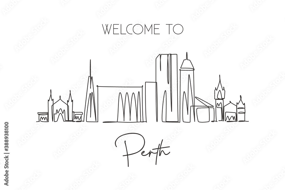 One single line drawing of Perth city skyline, Australia. Historical town landscape. Best holiday destination home decor wall art poster print. Trendy continuous line draw design vector illustration