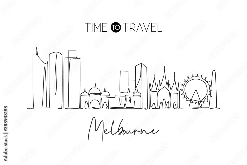 Obraz premium Single continuous line drawing of Melbourne city skyline, Australia. Famous city landscape. World travel concept home wall decor art poster print. Modern one line draw design vector illustration
