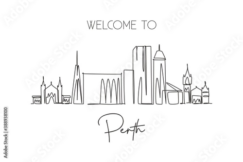 One single line drawing of Perth city skyline  Australia. Historical town landscape. Best holiday destination home decor wall art poster print. Trendy continuous line draw design vector illustration