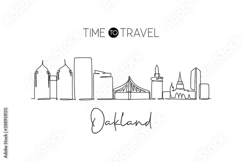 Single continuous line drawing of Oakland city skyline California. Famous city scraper landscape. World travel concept wall decor home art poster print. Modern one line draw design vector illustration