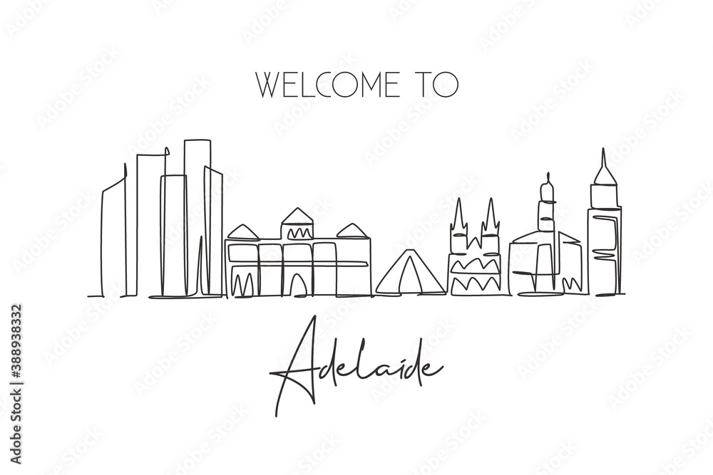 One single line drawing Adelaide city skyline, Australia. Historical town landscape. Best holiday destination home wall decor poster print art. Trendy continuous line draw design vector illustration