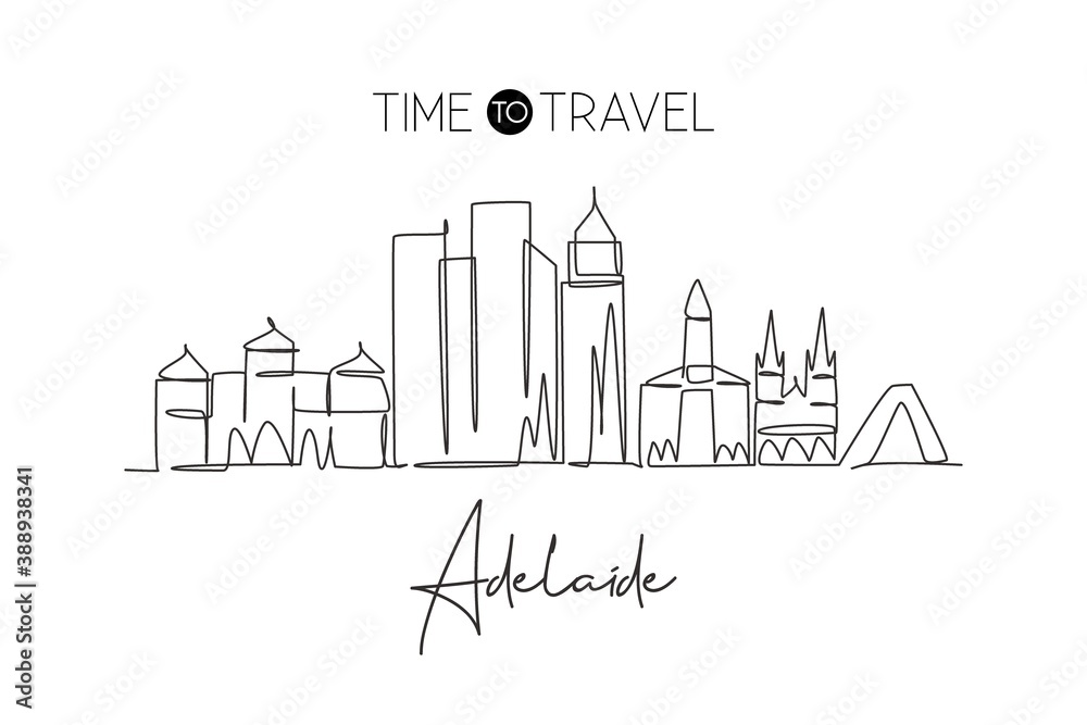 Single continuous line drawing of Adelaide city skyline Australia. Famous city scraper landscape. World travel concept home wall decor poster print art. Modern one line draw design vector illustration